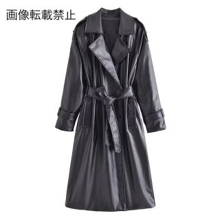 🌕9月新作🎑9238◆black フェイクレザー  PU トレンチコート(トレンチコート)
