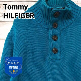 トミーヒルフィガー(TOMMY HILFIGER)のトミーヒルフィガー ハーフジップニットセーター メンズL 袖刺繍ロゴ 無地 青(ニット/セーター)