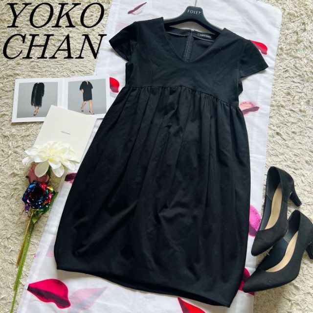 【美品】YOKO CHAN Aライン膝丈ワンピース ビジュー Ｖネック 38