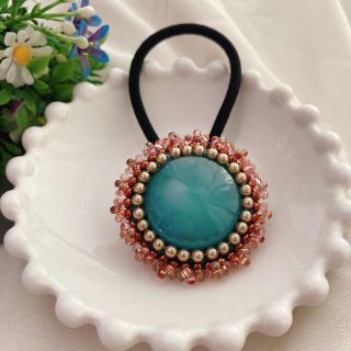 ヘアゴム  ビーズ刺繍☆ターコイズ(ヘアアクセサリー)