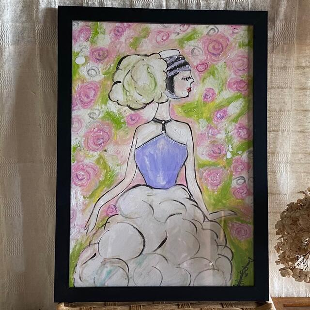 絵画 。壁掛け絵原画【美しいバラの庭で、楽しい踊る美しい少女】の通販 by アカザ麦｜ラクマ