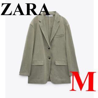 ザラ(ZARA)のZARA ストライプ リネンブレンド ブレザー　M カーキ(テーラードジャケット)