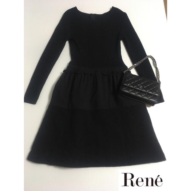 【良品】Rene ルネ　ワンピース 黒ウール 切替 リブ ティアード フリル