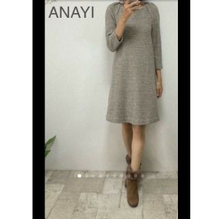 アナイ(ANAYI)の美品アナイラメ入り千鳥格子柄ウールサックワンピース36／ネイビーワンピース(ひざ丈ワンピース)