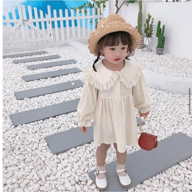 ♡ワンピース♡　ビッグカラー　フレア　レース　アイボリー　韓国　子供服　かわいい キッズ/ベビー/マタニティのキッズ服女の子用(90cm~)(ワンピース)の商品写真