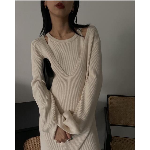 Ameri VINTAGE(アメリヴィンテージ)の新品 ♡AMERICAN SLEEVE LAYERED KNIT DRESS レディースのワンピース(ロングワンピース/マキシワンピース)の商品写真