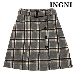 イング(INGNI)の【美品】INGNI シャギーチェック 台形スカート ウエストベルト付き グレー(ミニスカート)