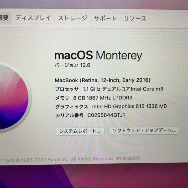 305) Apple MacBook 12インチ 2016 Core m3