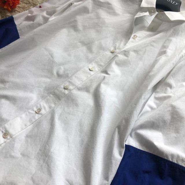 【良品】CELINE バイカラーシャツ トップス ホワイト ブルー 長袖 38