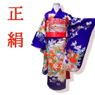 7歳　レトロ正絹群青牡丹菊花壺　七五三　お着物フルセット アンティーク(和服/着物)