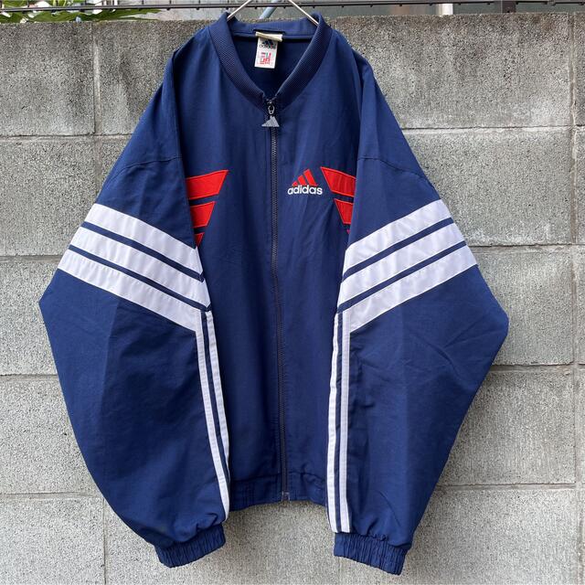 【フランス購入】80s adidas  ナイロンジャケット　ネイビー　太アーム