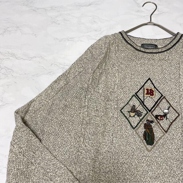 柄ニット　総柄　刺繍　シンプル　デザインニット　セーター　　グレー