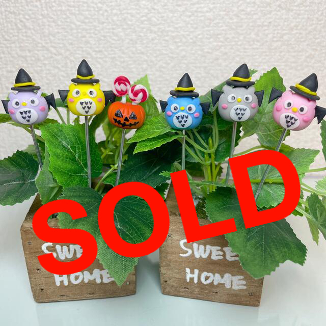 ハンドメイド　福を呼ぶフクロウさんのハロウィンピック　多肉植物