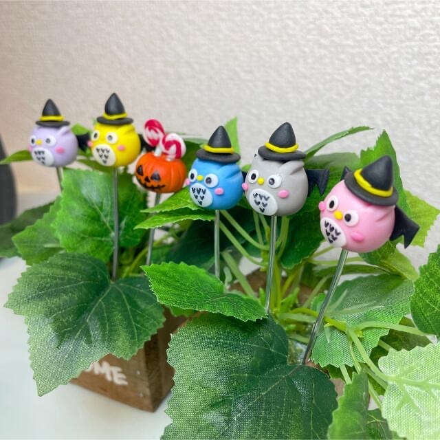 ハンドメイド　福を呼ぶフクロウさんのハロウィンピック　多肉植物