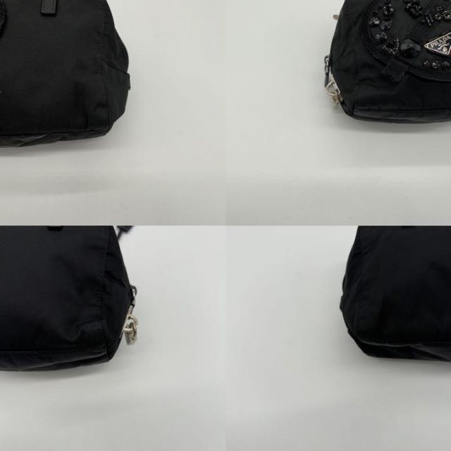 【希少】プラダ ハンドバッグ ハート型 ビジュー 三角ロゴプレート ブラック 革 4