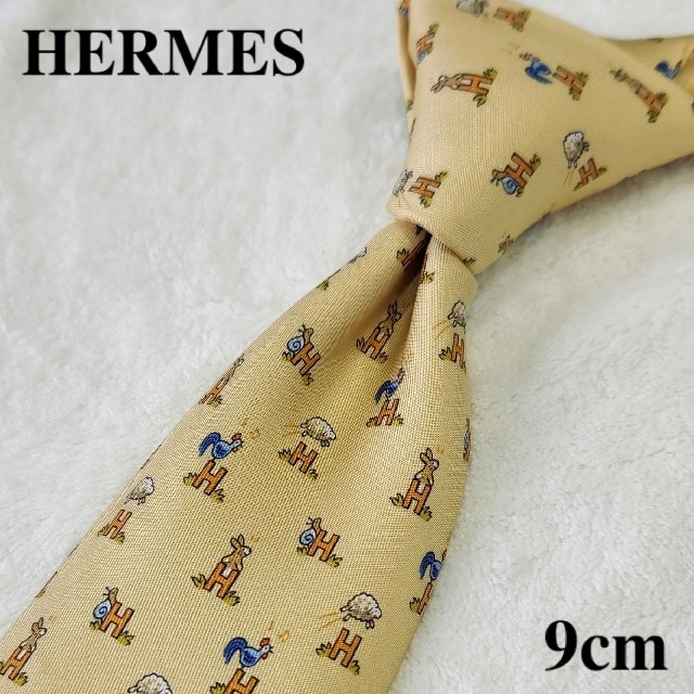 Hermes - エルメス ハイブランドネクタイ 黄色 H柄 兎 羊 シルク