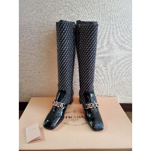 変更OK PRADA パテント ツイード異素材MIX ロングブーツ チェーン 39