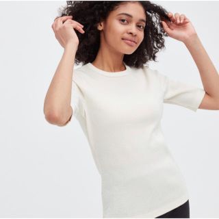 ユニクロ(UNIQLO)のユニクロ　リブクルーネックT 5分袖　Mサイズ(Tシャツ(半袖/袖なし))