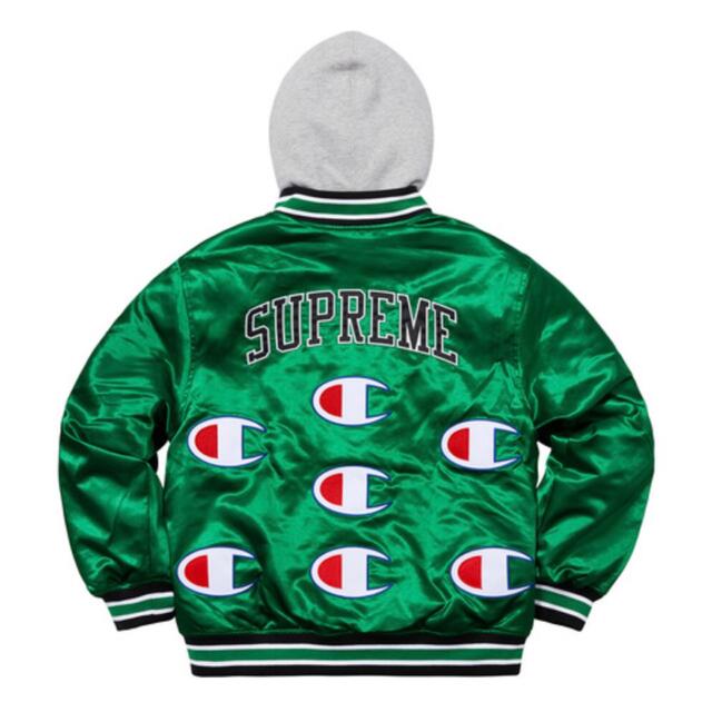 Supreme(シュプリーム)のシュプリーム　チャンピオン　スタジャン　ブルゾン　パーカー　サテン　緑　S　希少 メンズのジャケット/アウター(スタジャン)の商品写真