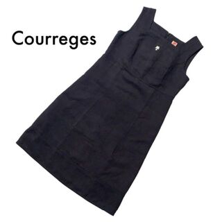 Courreges - クレージュ ノースリーブワンピース 40 M ベロア 黒 刺繍 ブランドロゴ刺繍