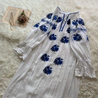 used 刺繍 花柄 ブルー 青 レース 長袖 ホワイト ワンピース 白の通販