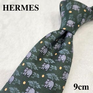 エルメス(Hermes)のHERMES　ハイブランドネクタイ　緑　かば　フランス　シルク　メンズ(ネクタイ)