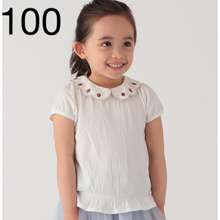 プティマイン(petit main)のプティマイン いちご衿パフ袖Tシャツ　白　新品　100(Tシャツ/カットソー)