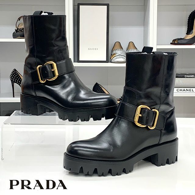 高価値セリー PRADA - 4166 プラダ レザー ベルト ショートブーツ