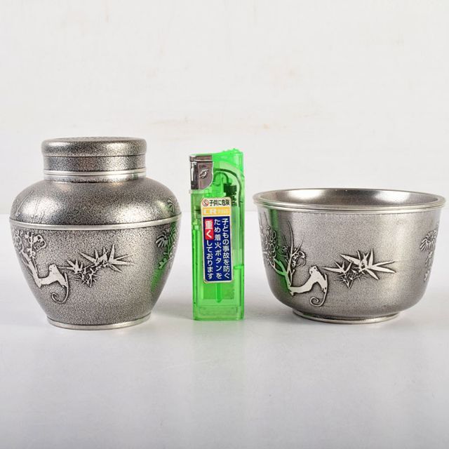 煎茶道具 錫製 間村自造 四君子文 茶壷 茶こぼし 2点まとめて M 煎茶道具 錫製 間村自造 四君子文 茶壷 茶こぼし 2点まとめて M