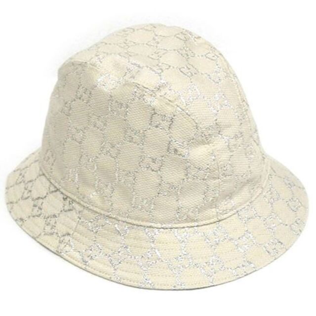 美品☆グッチ 帽子 GGラメ バケットハット ホワイト&シルバー J5388
