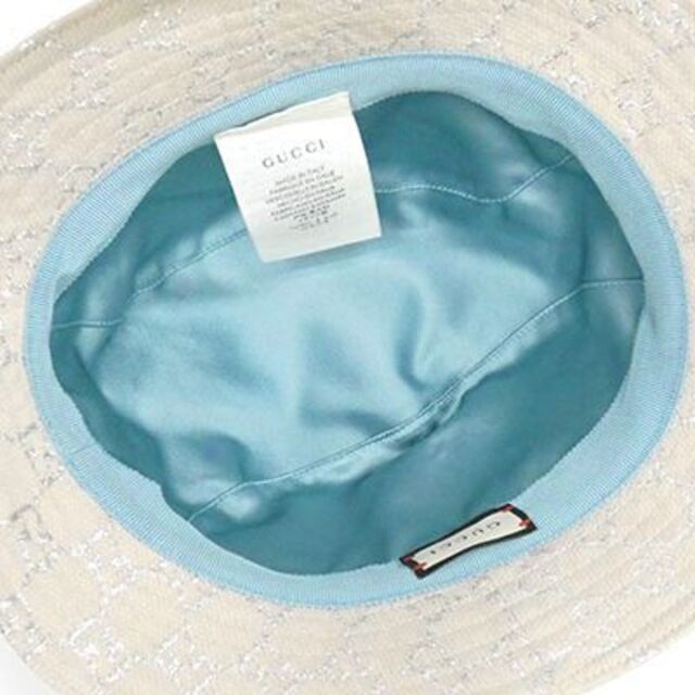 美品☆グッチ 帽子 GGラメ バケットハット ホワイト&シルバー J5388