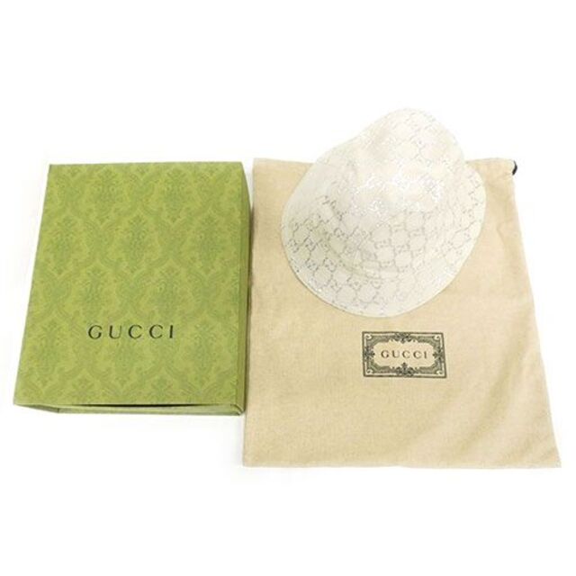 美品☆グッチ 帽子 GGラメ バケットハット ホワイト&シルバー J5388