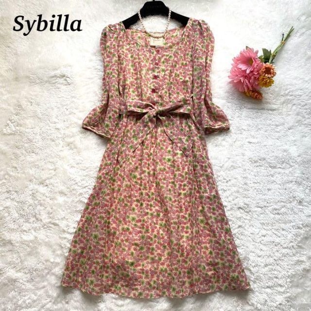 【美品】Sybilla  シルク混　ワンピース　花柄　シフォン　リボン　Mレディース