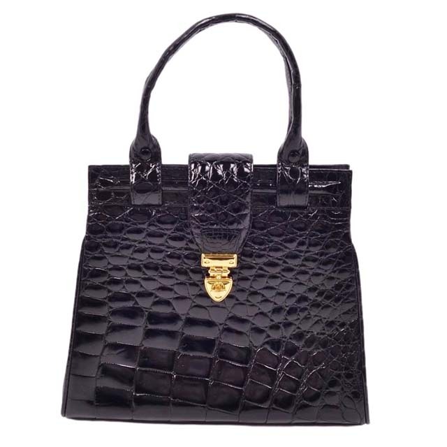 Crocodile(クロコダイル)のクロコダイル バッグ シャイニークロコ ハンドバッグ ターンロック ワニ革 黒 レディースのバッグ(ハンドバッグ)の商品写真