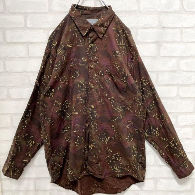 超希少】ヴィンテージ 1点物 ダークカラー アート 総柄 長袖シャツ L