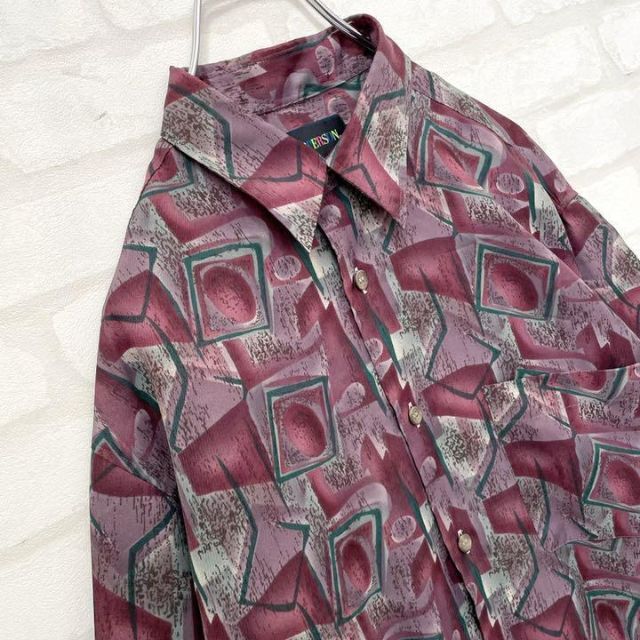 【入手困難】90s ヴィンテージ 日本製 総柄 アート デザインシャツ ボルドー