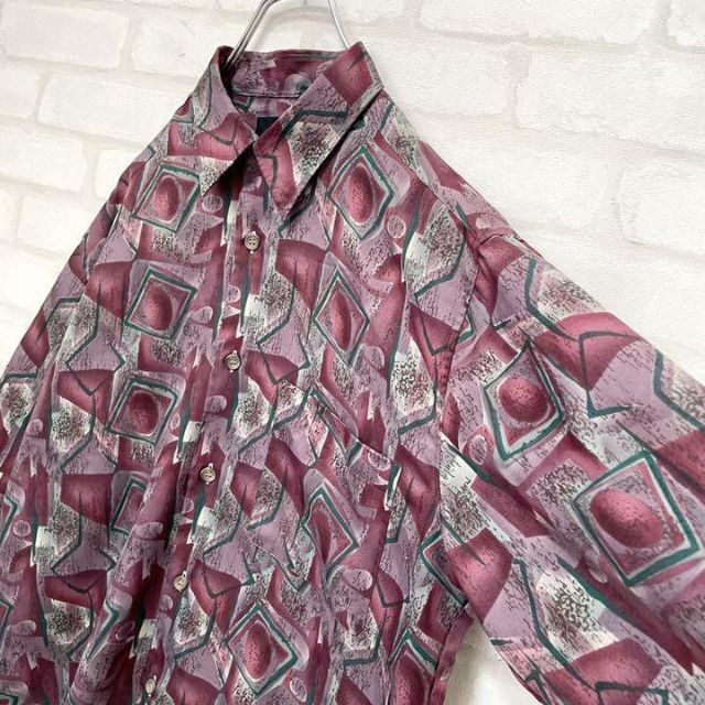 【入手困難】90s ヴィンテージ 日本製 総柄 アート デザインシャツ ボルドー