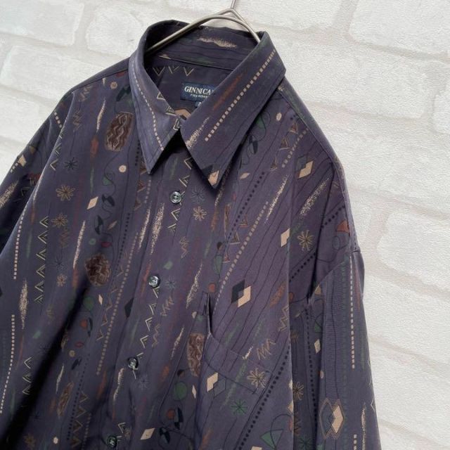 【希少】vintage 昭和レトロ アート柄 長袖 柄シャツ ポリシャツ Mひなの古着屋