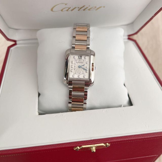 独創的 美品！！カルティエ　タンクアングレーズ11PダイヤSM ピンクゴールドコンビ 腕時計