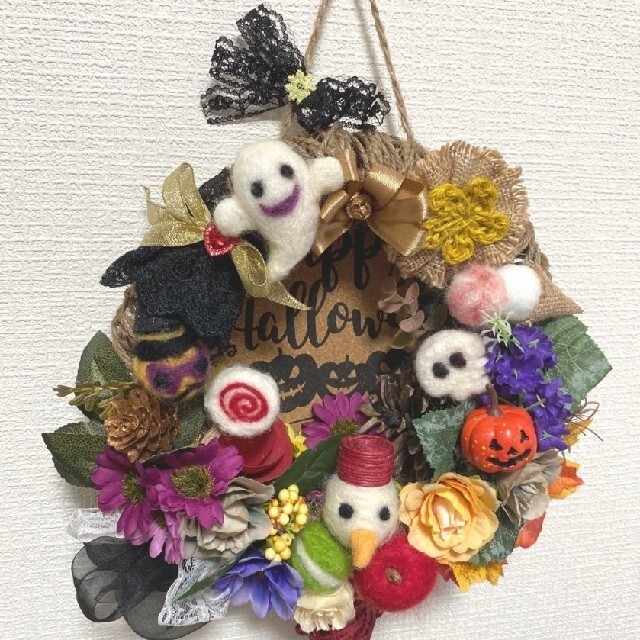 ★ハロウィン リース　ハンドメイド　羊毛フェルトフラワーリース(大)