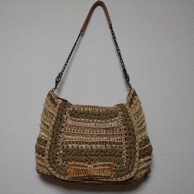 美品 エバゴス ebagos かごバッグ ショルダーバッグ 紅藤リボン