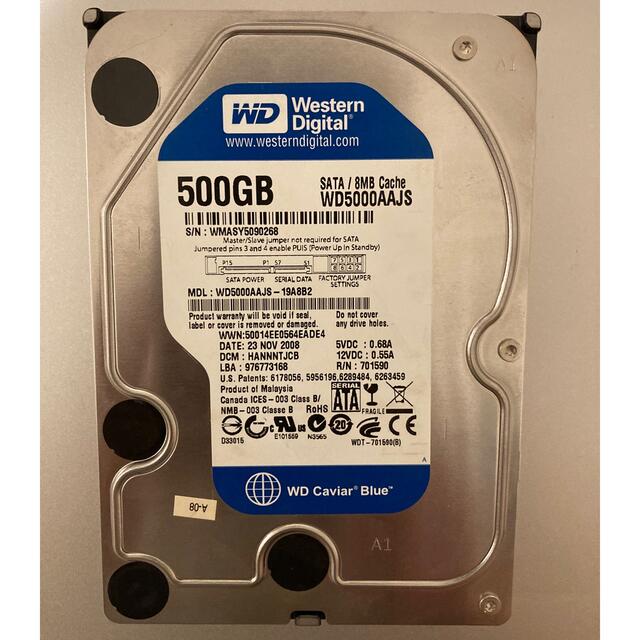 中古　WD HDD 3.5インチ500GB  スマホ/家電/カメラのPC/タブレット(PC周辺機器)の商品写真