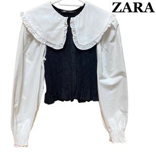 ザラ(ZARA)の【美品】ZARA シャーリング ビック襟 フリルブラウス モノトーン ポプリン(シャツ/ブラウス(長袖/七分))