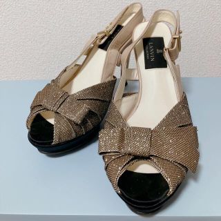 ランバン(LANVIN)の【LANVIN】本革 ラメゴールド サンダルヒール 23.5cm ストラップ付き(ハイヒール/パンプス)