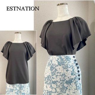 エストネーション(ESTNATION)のたっぷり袖フリルが上品かわいい♪　袖フリルカットソー　M　チャコールグレー(Tシャツ(半袖/袖なし))