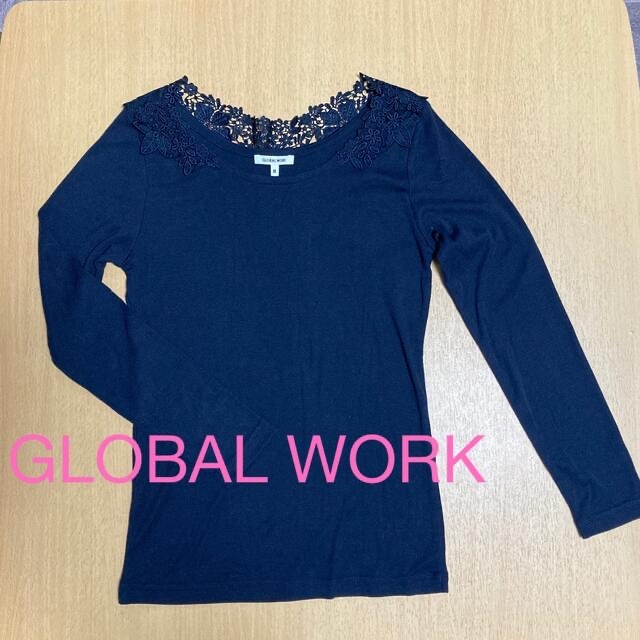 GLOBAL WORK(グローバルワーク)のグローバルワーク　GLOBAL WORK レース　カットソー　紺 レディースのトップス(カットソー(長袖/七分))の商品写真