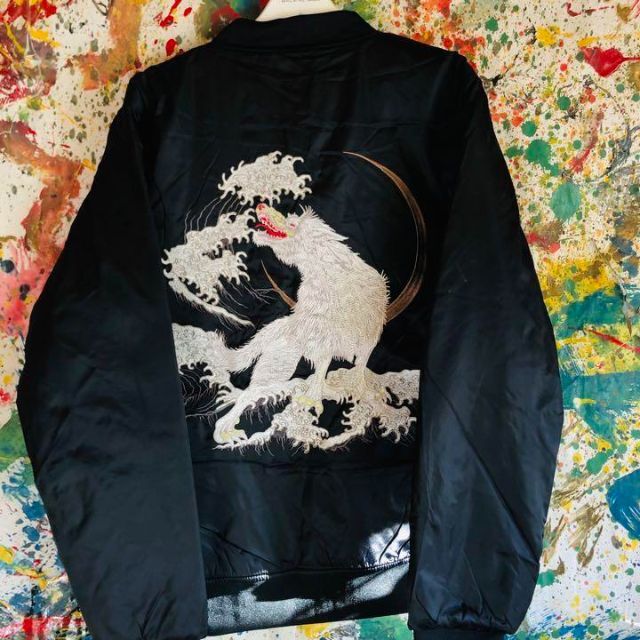 白狼 メンズ スカジャン ジャケット 刺繍 ブラック 個性的 アウター 新品