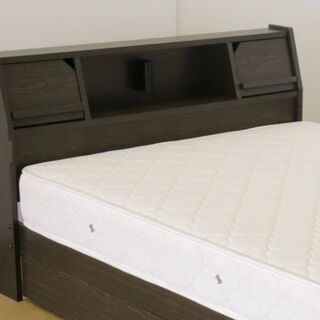 日本製　フラップ扉棚引出付収納ベッド　ダブル マットレス付き ダークブラウン色(ダブルベッド)