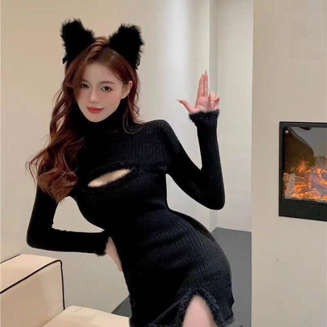 韓国♡胸元チラリ❤️タイト ファー リブニット ミニワンピース くびれ セクシー