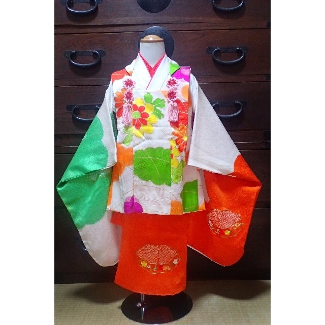 3歳 レトロ正絹白絞り刺繍貝桶 七五三 被布セット アンティークの通販